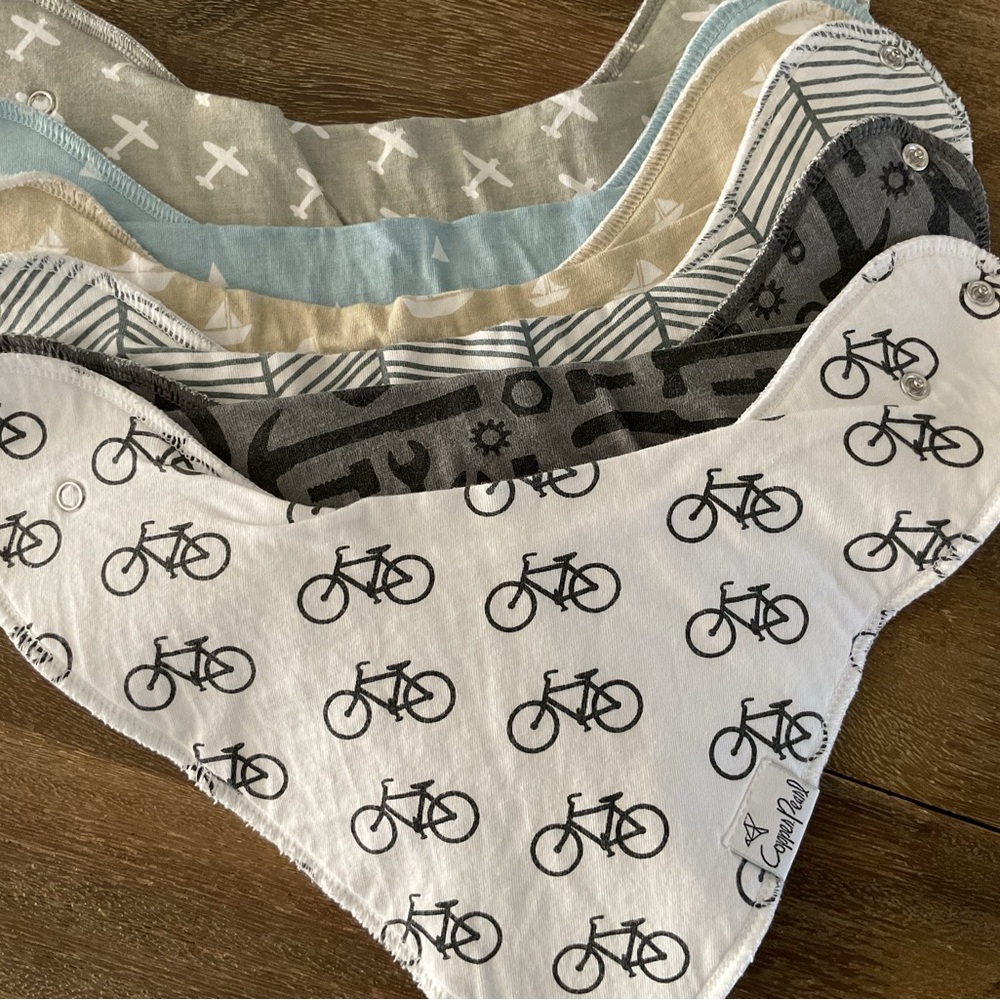 Copper Pearl Bandana Baby Bibs Bundle of 8 Cotton Bicycle Plane Tools Boat